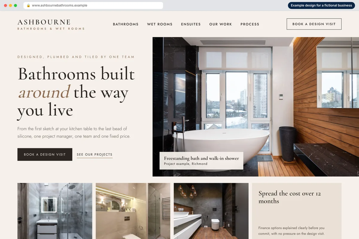 Example homepage design for a fictional bathroom installer called Ashbourne Bathrooms