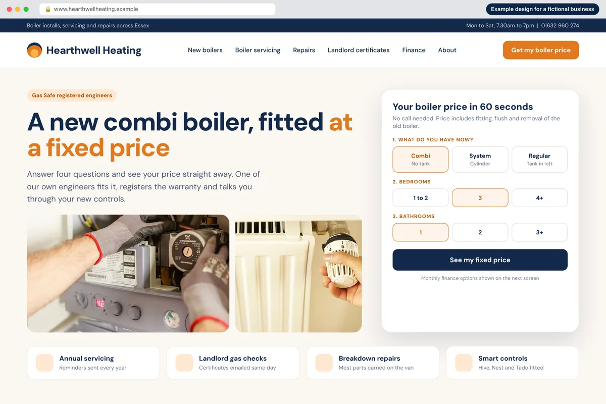 Example homepage design for a fictional boiler and gas engineer called Hearthwell Heating