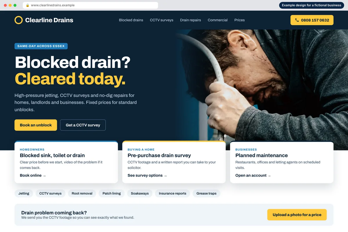 Example homepage design for a fictional drainage company called Clearline Drains