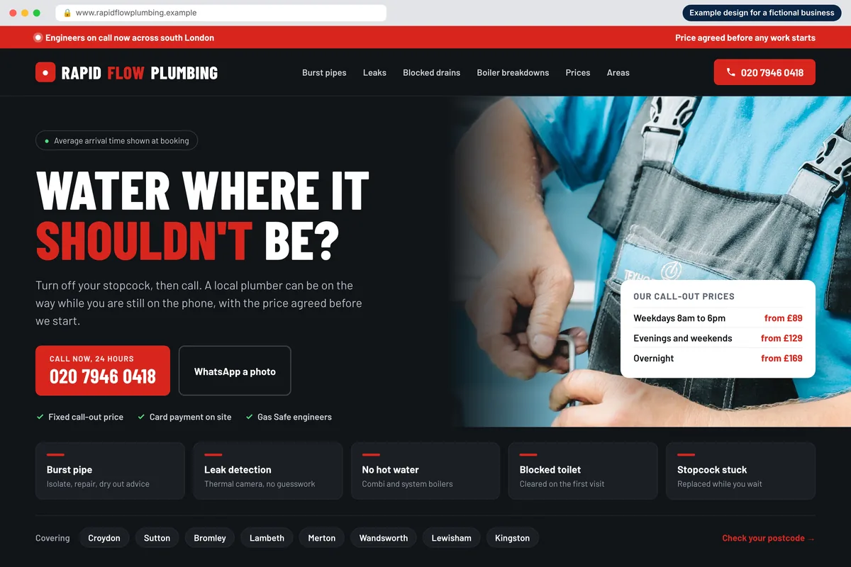 Example homepage design for a fictional emergency plumber called Rapidflow Plumbing