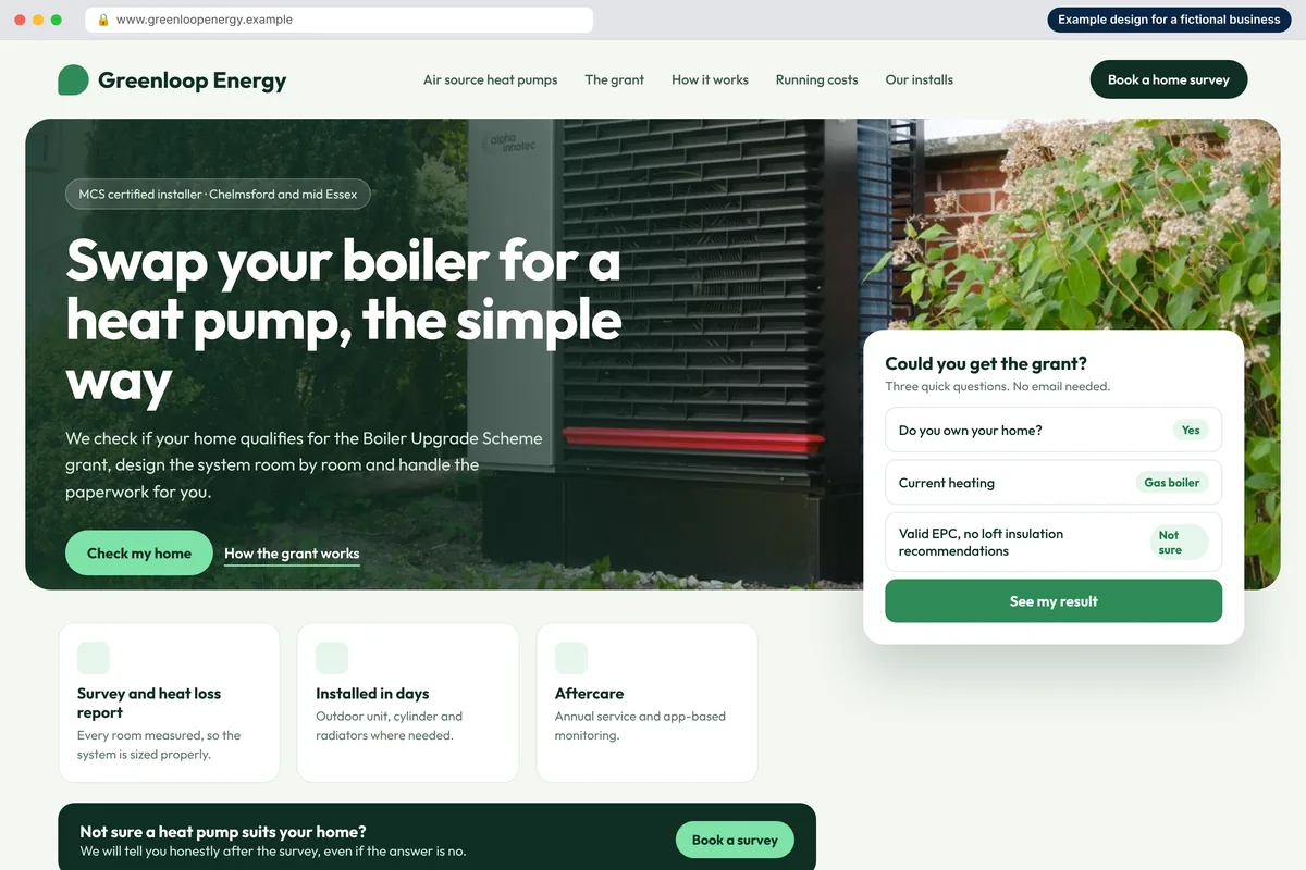 Example homepage design for a fictional heat pump installer called Greenloop Energy