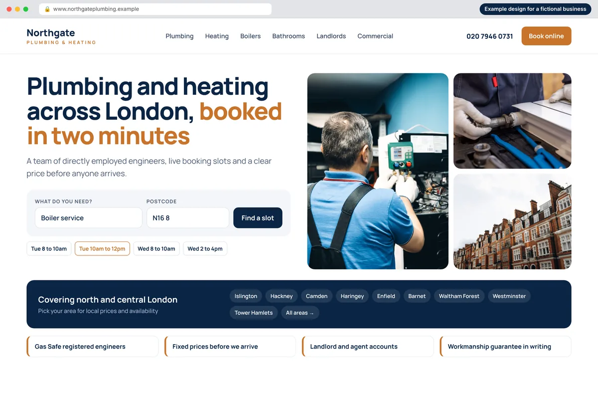 Example homepage design for a fictional multi-van plumbing and heating firm called Northgate Plumbing & Heating